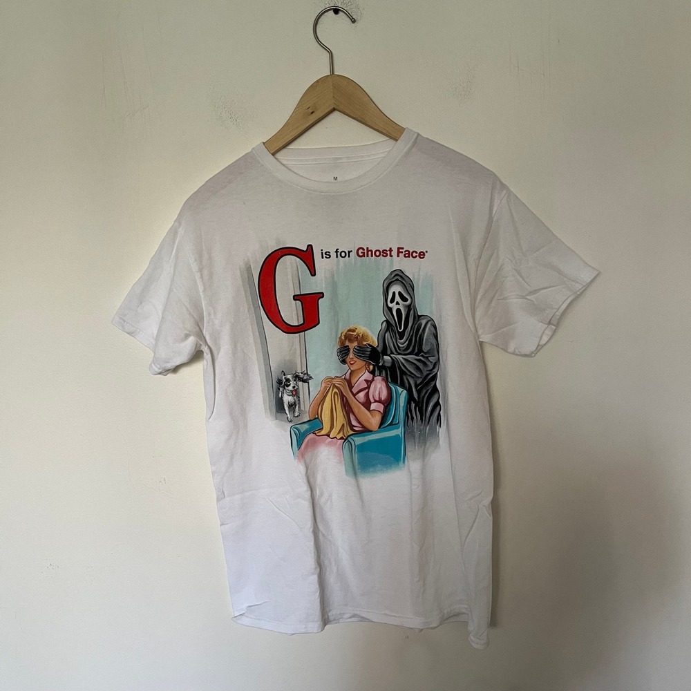 Ghost Face Scream Horror Movie Graphic Tee White Cotton Shirt Mens Medium